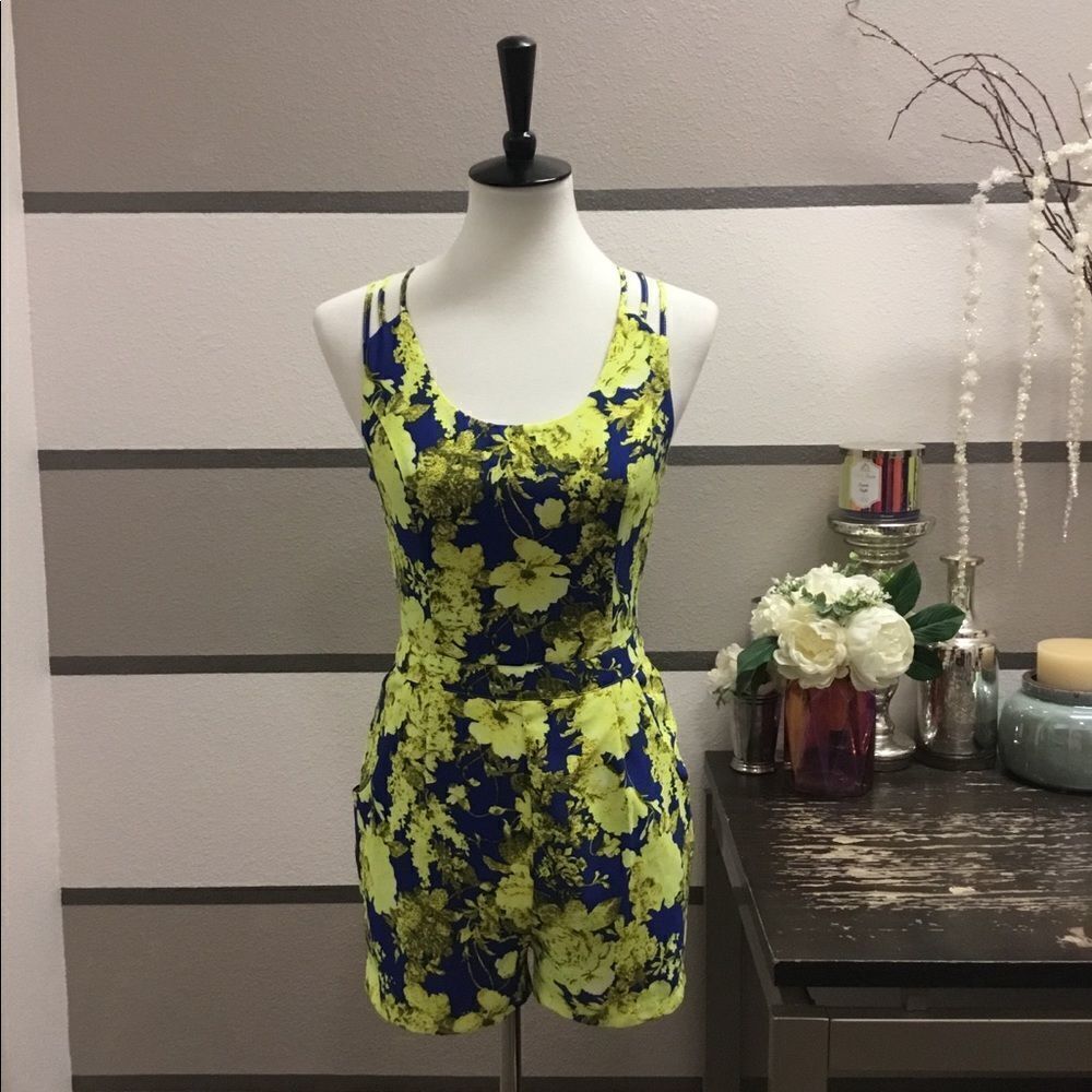 Ark & Co.-Royal Blue and Neon Yellow Floral Romper